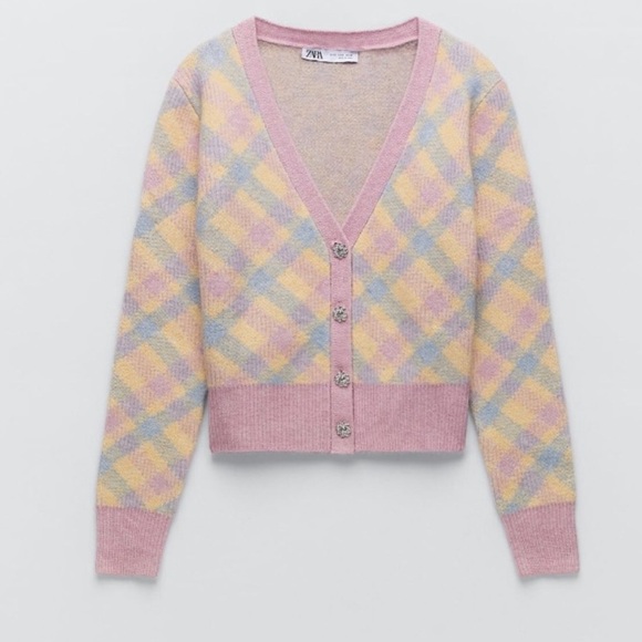 Zara Pastel Knit Argyle Jewel Button Cardigan Sweater - Picture 3 of 13